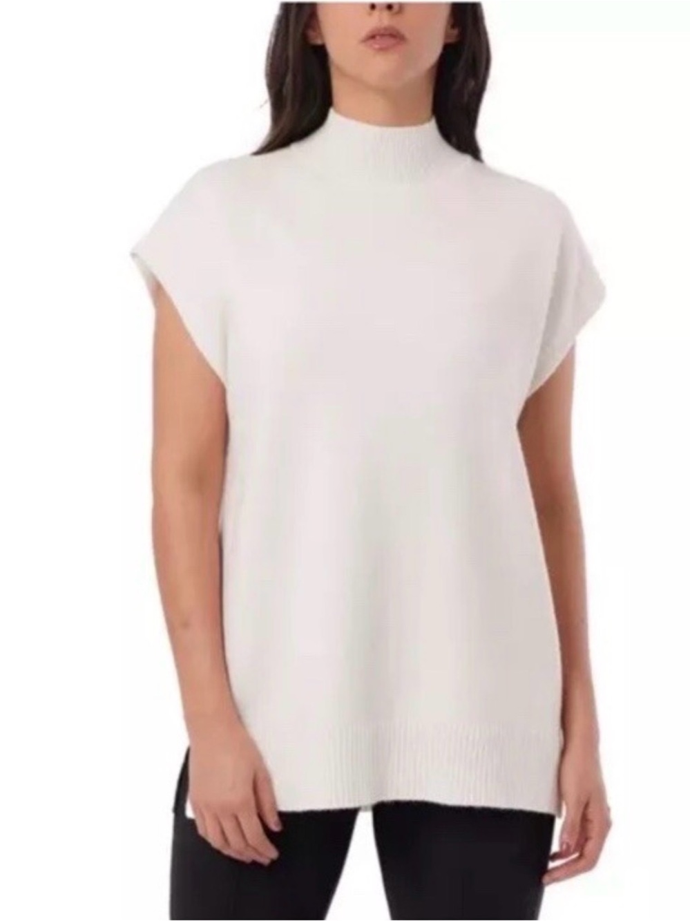 Cyrus Cream Mock Neck Cap-Sleeve Sweater Tunic